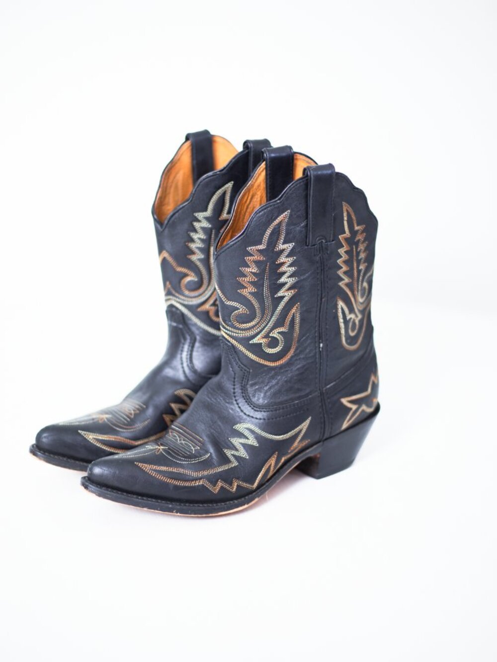 Vintage Cowboy Boots | Black Leather | Gold Stitch Inlay | Women's 8.5 / Men's 7